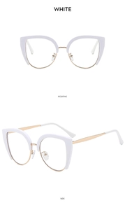Detailed front and side views of white and gold cat-eye glasses frames for women