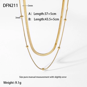 Detail of 18K gold double layer snake chain and bead necklace with precise dimensions