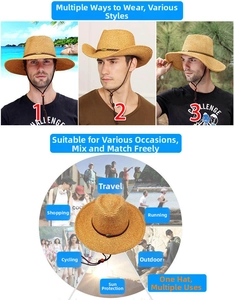 Détail d'un chapeau de paille de cowboy kaki montrant 3 bords réglables et une mentonnière