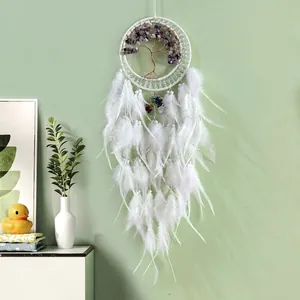 White feather dream catcher with purple crystal tree of life design for wall hanging decor