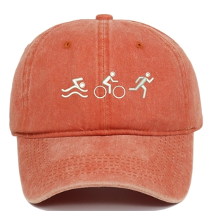 Close-up of triathlon embroidery on a washed vintage style rust red cotton baseball cap