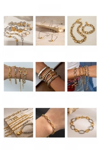 Grille détaillée de bracelets en acier inoxydable et de colliers plaqués or 18 carats variés