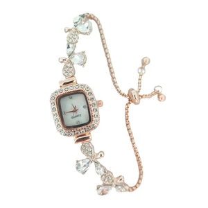 Elegant rose gold square dial quartz watch with butterfly crystal bracelet link