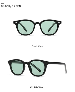 Front and 45-degree side view of black vintage sunglasses with light green lenses