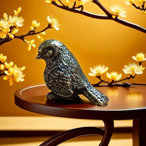 Detailed view of a solid brass sparrow figurine with intricate feather textures on wood
