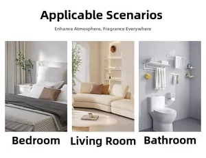 Three-way split view of bear scented candle in a cozy bedroom, living room, and bathroom