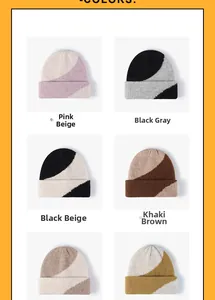 Detail of color options for two-tone ribbed knit beanies with thick cuff design