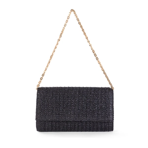 Summer straw woven crossbody bag for women with elegant gold chain strap in black