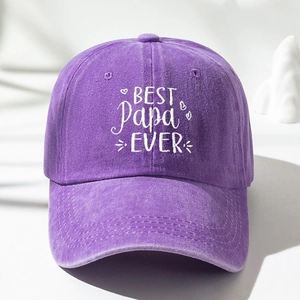 Macro detail of purple washed cotton baseball cap with BEST PAPA EVER embroidery