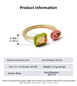 Detailed specs of S925 sterling silver open ring with yellow gemstones and enamel details