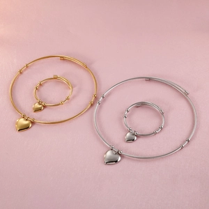 Fashion heart pendant cable jewelry set with gold and silver wire rings and bracelets