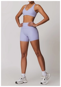 Détail du short de yoga sans couture lavande et de la brassière de sport à col en V
