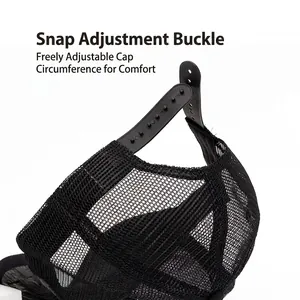 Breathable mesh baseball cap with adjustable plastic snapback closure in black