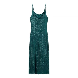 Elegantes grünes Pailletten-Maxikleid mit dünnen Trägern für einen funkelnden Abendlook