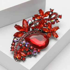 Vintage style red crystal flower brooch pin for suits with antique silver finish base