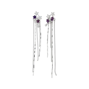 Elegant silver star tassel ear cuffs with purple accents and sparkling zircon stones