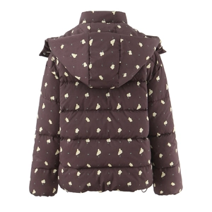 Women's warm winter hooded cotton jacket with floral print in dark brown or plum finish