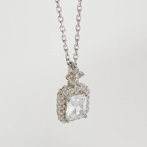 S925 sterling silver necklace featuring a rectangular zircon pendant with a halo design