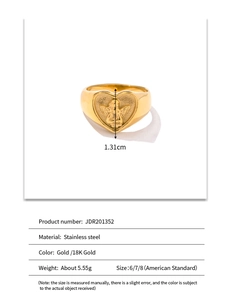 Detailed view of gold stainless steel signet ring with embossed heart angel relief