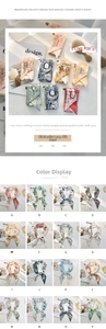 Detail showing 16 patterns of printed silk scarves for hair accessories or bag decor