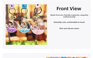 Detailed view of creative liquid moon rabbit keychains with glitter and golden bells