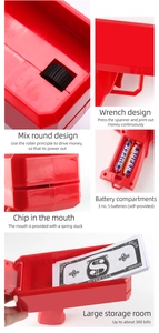 Detail view of red money gun featuring battery compartment and 300 bills storage