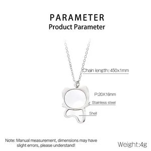 Detail of cat pendant dimensions 20x16mm with white shell inlay and 450mm steel chain