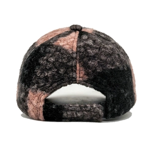 Rear view of color-block faux teddy fleece baseball cap with adjustable strap detail