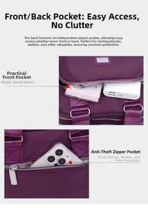 Detail of multi-pocket large capacity nylon bag with front and anti-theft back compartments