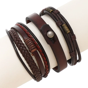 Retro Braided Cowhide Leather Bracelets For Men Vintage Hand Woven Multi Layer Wristband Alloy Wax Thread Casual Jewelry