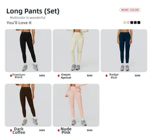 Détail du pantalon de yoga taille haute en noir, beige, bleu, café et rose poudré
