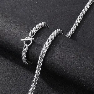 Collier Et Bracelet Homme En Acier Inoxydable Mailles Épi Minimaliste Fermoir À Bascule OT Bijoux Tressés Couleur Argent