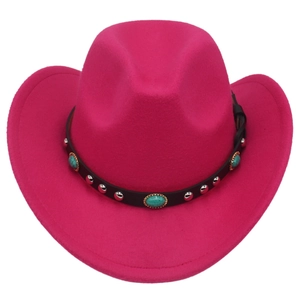 Detail of rose red felt cowboy hat with turquoise and silver rivet leather band