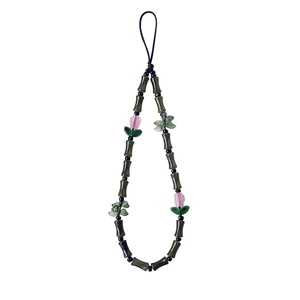 Chinese style green glass bamboo joint phone charm with pink tulip and leaf pendant