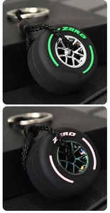 Detail of soft rubber tire keychains with metallic hubs and braided lanyards in two colors