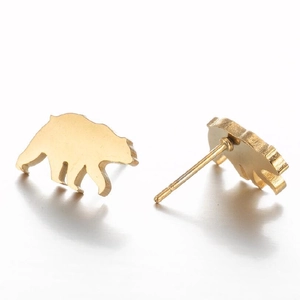 Cute minimalist golden stainless steel bear stud earrings for women shown from dual angles