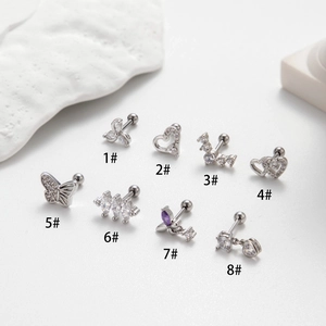 Set of eight stainless steel ear cartilage studs with cubic zirconia and screw backs