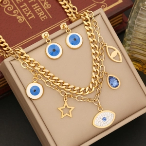Evil Eye Jewelry Stainless Steel Double Layered Necklace Bracelet Earrings Adjustable Ring Women Bohemian Blue Enamel