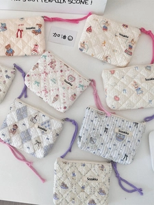 Quilted Cotton Portable Makeup Bag Cartoon Bear Rabbit Floral Print Mini Zipper Pouch For Lipstick Earphone Storage