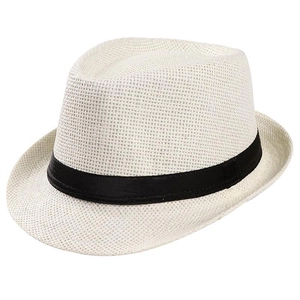 Detail of white breathable woven fedora hat with black decorative ribbon and mesh texture