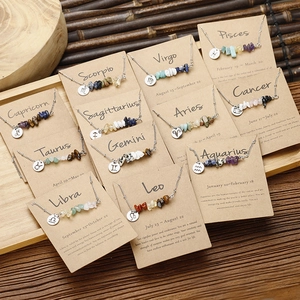 Macro detail of twelve zodiac sign necklaces featuring raw crystal stones and silver pendants