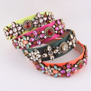 Baroque style wide headbands with colorful rhinestones in neon green, pink, and orange
