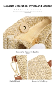 Detail of golden magnetic buckle and metal hooks on a woven straw summer bag