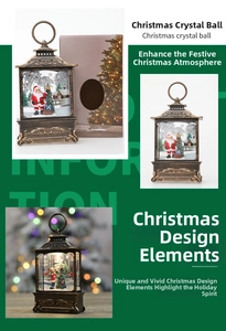 Detail showing vintage bronze Christmas lantern with Santa Claus and LED glowing light