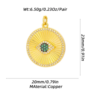 Detailed view of evil eye charm in gold copper with dimensions and material specifications