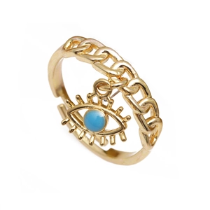 Adjustable gold evil eye chain ring with blue enamel charm on white background