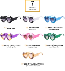 Detailed grid showing seven color variations of heart-shaped rhinestone sunglasses
