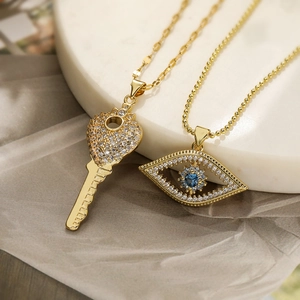 Evil Eye Heart Key Pendant Necklace 18K Gold Plated Copper Zircon Dainty Bohemian Jewelry Gift For Women