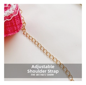 Detail show of adjustable gold metal chain strap on pink tweed mini princess bag