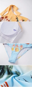 Detailed views of tropical coconut tree print bikini with halter design and inner lining